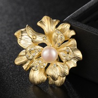 Bros Bunga Peony Mutiara Air Tawar Alami Desainer Mode Anak Berlapis Emas 14K Tembaga Zirkon Hadiah Pernikahan Pesta