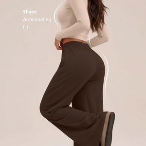 Conjunto de Pantalones Largos de Punto de Color Sólido para Mujer, Top Corto Beige de Manga Larga y Pantalones Anchos Marrones de Corte Holgado - Product Image 4