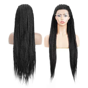 Box Braided Lace Front Wigs Drag Queen Full Braid with Natural Hairline Half Hand made Synthetic Glueless Braided Wigs