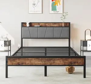 Best Seller Full Size <strong>Bed</strong> <strong>Frame</strong> with Adjustable Storage Headboard <strong>Vintage</strong> Brown Gray Charging Station Box Spring Needed - Product Image 3
