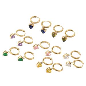 Boucles d'oreilles pendantes tendance en acier inoxydable plaqué or 18 carats, motif cœur simple, zircon coloré, pour femmes, vente en gros - Product Image 1