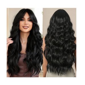 Perruques bouclées longues pour femmes, grandes ondulations, en fibre haute température, avec raie médiane, perruque frontale HD en dentelle, prix de gros - Product Image 1