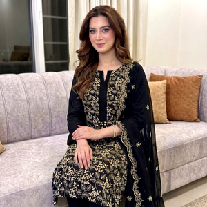 Traje Midi Tradicional Negro Bordado para Mujer, Estilo India-Pakistán, Ropa Casual, Corte Regular, Talla Adulto, Colección de Invierno - Product Image 1