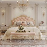 Lit double en bois massif sculpté de style français, luxe léger, moderne et minimaliste, style royal européen, 18m, rose, pour chambre principale de princesse