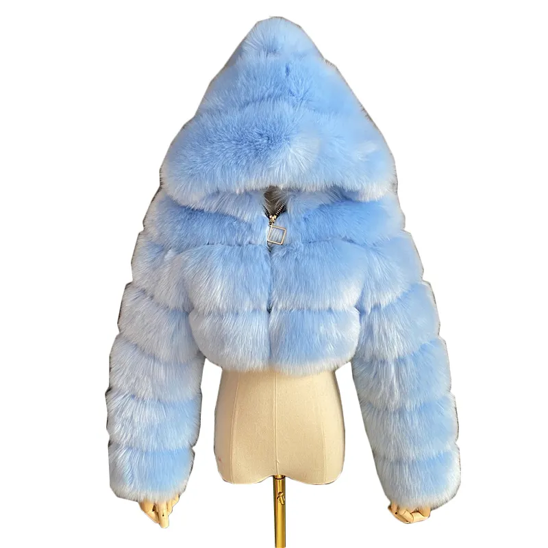 High Quality Cropped Fur Faux Fur Coats and Jackets Women Fluffy Top Coat With Hood Winter Fur Jacket Coat Female