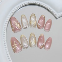 Z1385 Faux ongles à presser faits main, motif œil de chat et fleur dorée, paillettes françaises, style INS élégant, en ABS de qualité supérieure, vente en gros, en stock