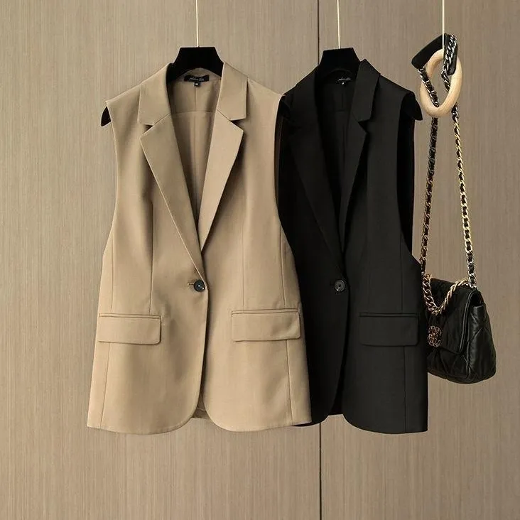 Mulheres Casual Terno Colete Casaco Cor Sólida Lapela Flap Bolsos Blazer Minimalista Novo Escritório Lady Suit Colete