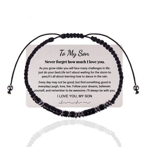 สร้อยข้อมือลูกปัดสลักลายมอร์สโค้ดสำหรับทุกเพศ ประดับด้วยหินธรรมชาติและแผ่นไม้ สแตนเลสสตีล ถึงลูกชายของฉัน... ข้อความแห่งความรัก - Product Image 3