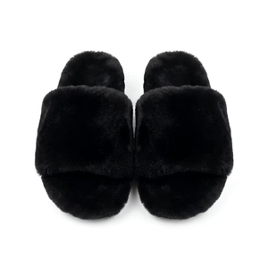 Sandales plates confortables à bout ouvert pour femmes, en fourrure noire, style doux avec doublure en peluche pour l'hiver - Product Image 5