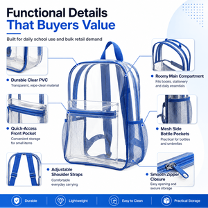 Custom <strong>Clear</strong> PVC <strong>Backpack</strong> with Logo Transparent School Bookbag with Front Pocket for Kids Students OEM Logo - Product Image 4