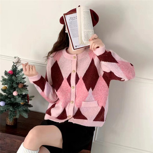 Cárdigan de punto con bloqueo de color rombo y cuello redondo para <span class=keywords><strong>mujer</strong></span> estilo Otoño e Invierno informal para <span class=keywords><strong>mujer</strong></span> - Product Image 5