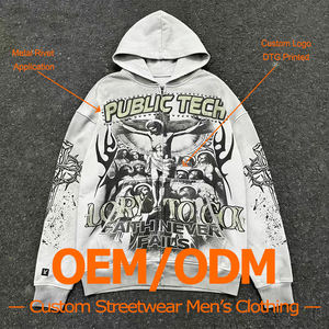 Sudadera con capucha personalizada para hombre, estilo vintage, con estampado DTG, lavado enzimático, cremallera completa, aplicación de remaches metálicos y efecto salpicado de pintura. - Product Image 1