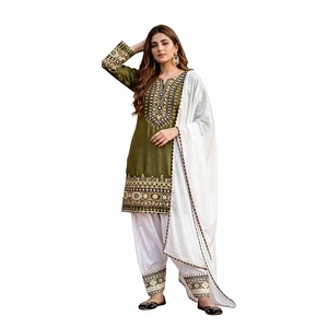 <b>Green</b> Embroidered Cotton Salwar Suit With White Dupatta Traditional Indian Pakistani Wear Loose Fit Ankle Length Women's Dress - Product Image 1