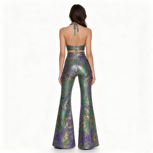 Conjunto de Top Corto Metálico con Cuello Halter y Pantalones Acampanados para Mujer, Estilo <span class=keywords><strong>K</strong></span>-pop para Actuaciones en Escenario, Poliéster, 2 Piezas - Product Image 6
