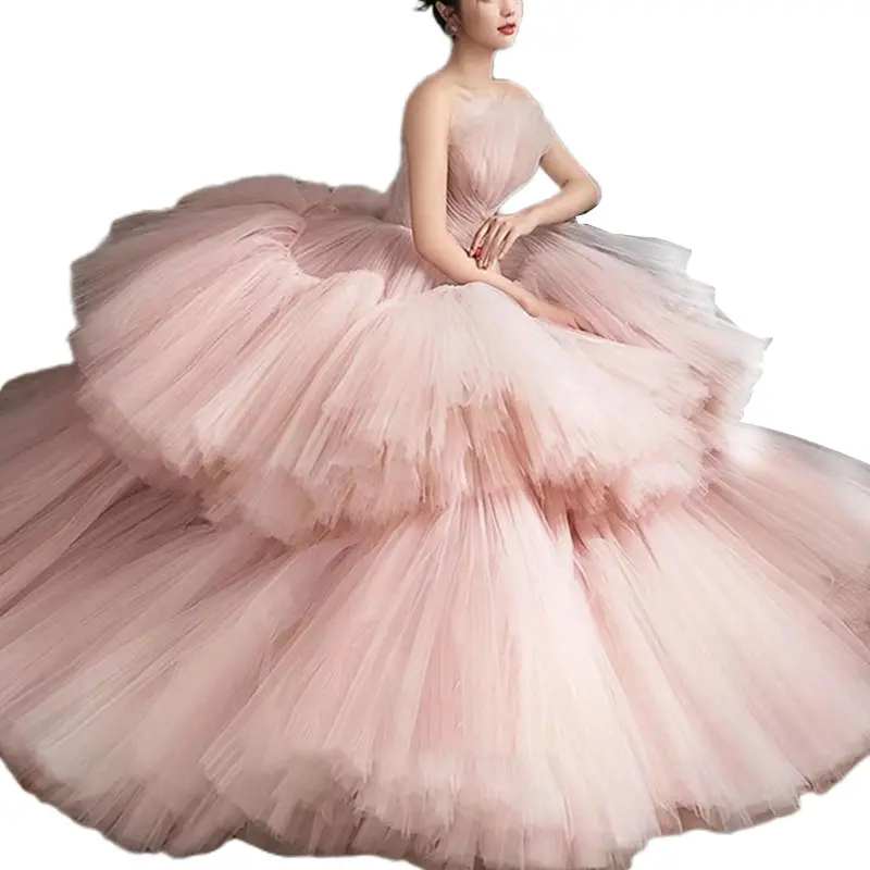 Luxo Pink Wedding Tulle Ball Gown mangas princesa casamento Evening Prom Dresses