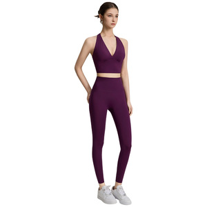 Women's Solid Yoga Set High Waist Deep V Neck Crop Top Leggings Four-Way Stretch Seamless Elastic Waist for Fitness Yoga - Product Image 1
