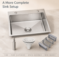 Évier de cuisine simple en acier inoxydable argenté avec distributeur de savon, panier de vidange et kit de récupération des déchets, rebord large, OEM ODM, fourniture B2B