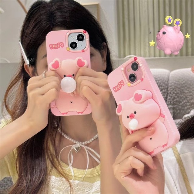 Lovely 3D Cartoon Blow Bubble Piggy TPU Silicone Cover for iPhone 15 Pro Max Shockproof Mobile Accessories Phone Case 14 13 11