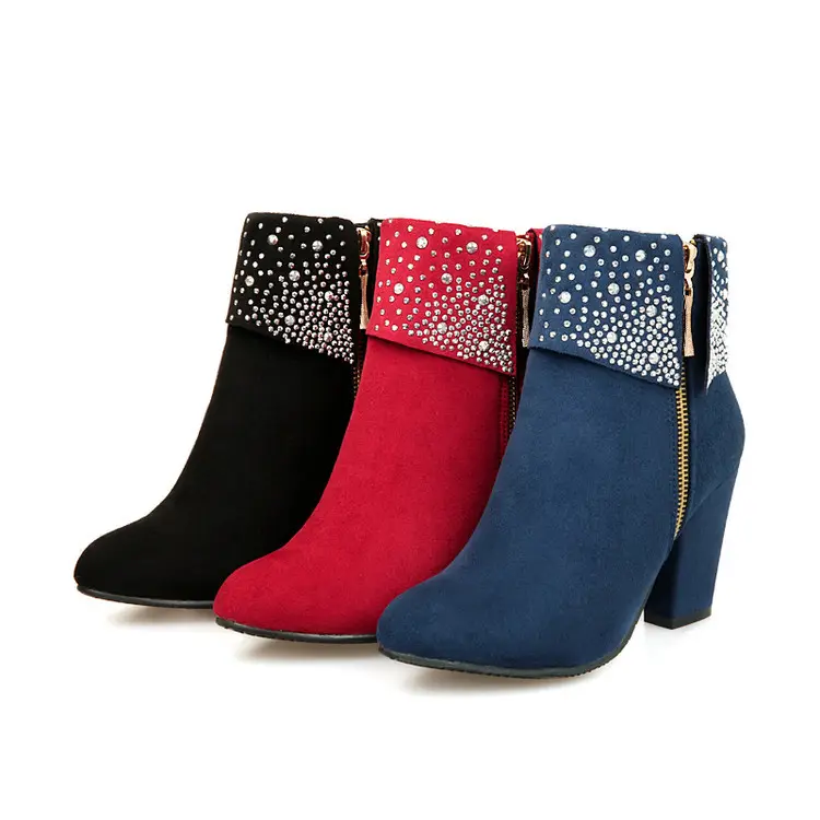 Red Blue Black Crystal Boots Women Ankle Boots For Women High Heel Winter Shoes Women Zipper Boots Size 32-46