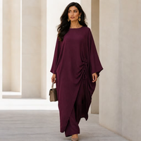 Set Abaya Dua Potong Mexizo untuk Wanita, Atasan Lengan Lonceng Panjang dan Celana Kaki Lebar dengan Desain Tali Serut Samping yang Dapat Disesuaikan, Model Longgar