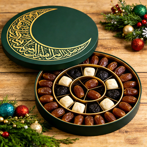 Özel Logo Tasarımlı Lüks Ramazan Hediye Seti Kutusu <span class=keywords><strong>Premium</strong></span> Hurma Çikolata Hediye Paketi Yuvarlak Kutu - Product Image 1