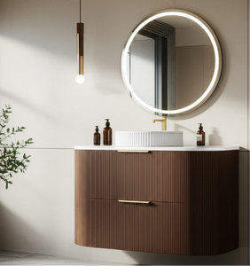 Meuble-lavabo de salle de bain moderne avec tiroirs, design circulaire, en bois de chêne brun, tendance 2026, personnalisable, tailles sur mesure - Product Image 5