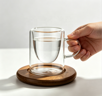 Mug en verre borosilicate à double paroi droit avec poignée et sous-verre en bois – Ensemble de tasses à café isolées transparentes pour thé, latte, maison et bureau