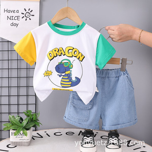 2025 été nouveaux garçons tenue décontractée couleur bloc dessin animé <span class=keywords><strong>Mini</strong></span> pelle à manches courtes col rond Shorts fait tricoté direct enfants - Product Image 3