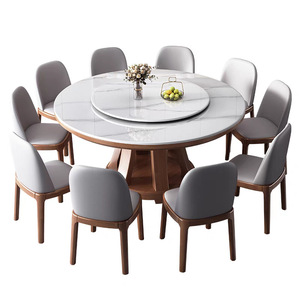 Mesa de Comedor Redonda Grande con Base Giratoria de Piedra Sinterizada y Marco de Madera Sólida para el Hogar - Product Image 5