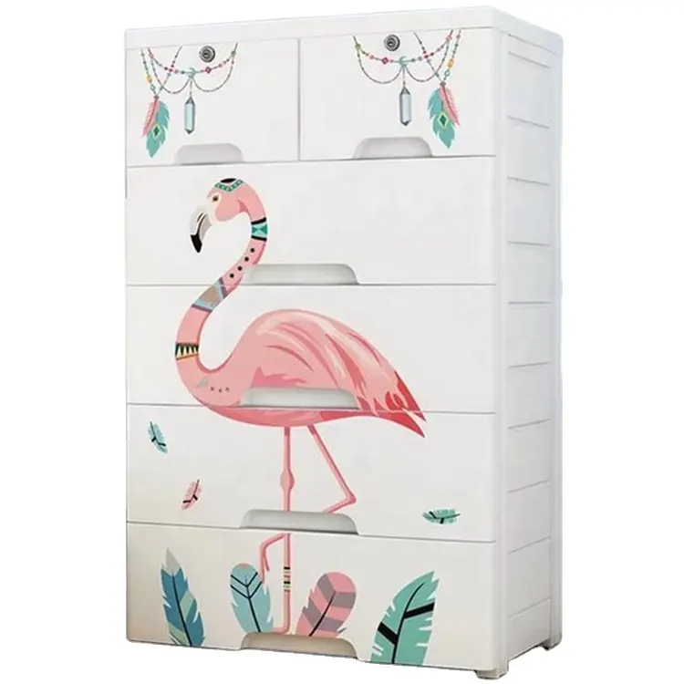 Hot sale flamingo pattern stackable 5 layer cabinet storage plastic clothing drawer with two lock
