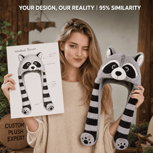 Gorro de Peluche de <span class=keywords><strong>Mapache</strong></span> Personalizado, Gorro Suave, Fabricante OEM ODM, Gorro de <span class=keywords><strong>Animal</strong></span> de Peluche Personalizado con Brazos Largos, Alta Calidad, Venta <span class=keywords><strong>al</strong></span> Por Mayor - Product Image 1