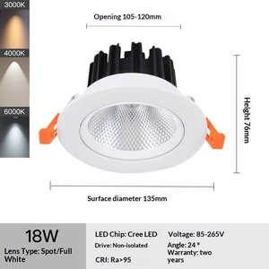 ไฟดาวน์ไลท์ LED คุณภาพสูง ปรับแสงได้ 3 สี 12 วัตต์ อะลูมิเนียม IP20 มุมลำแสง 120 องศา สำหรับห้องนั่งเล่น ไฟสปอตไลท์ฝังฝ้าเพดาน - Product Image 5