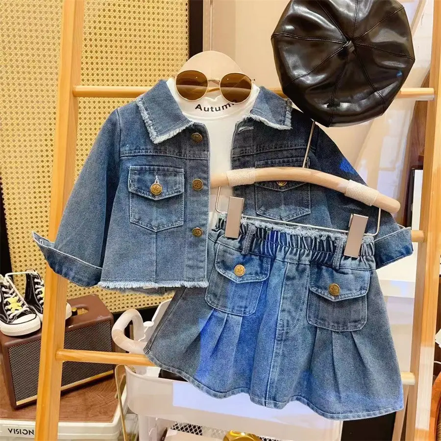 Nieuwe Aankomst Mode Zomer Meisjes Effen Vintage Denim Jas En Jeans Rok 2 Stuks Kleding Set