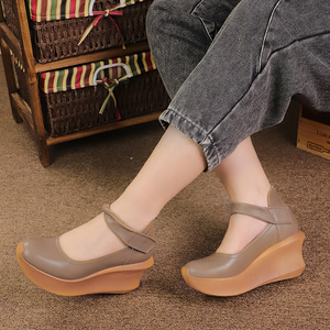 Sandalias de cuña de piel de vaca para mujer, calzado personalizado de moda, material de lujo, primera capa, piel auténtica, venta al por mayor - Product Image 4