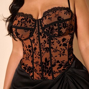 Corsé de encaje sexy para mujer con estructura de varillas, control medio, diseño transparente, estampado en negro y marrón - Product Image 6