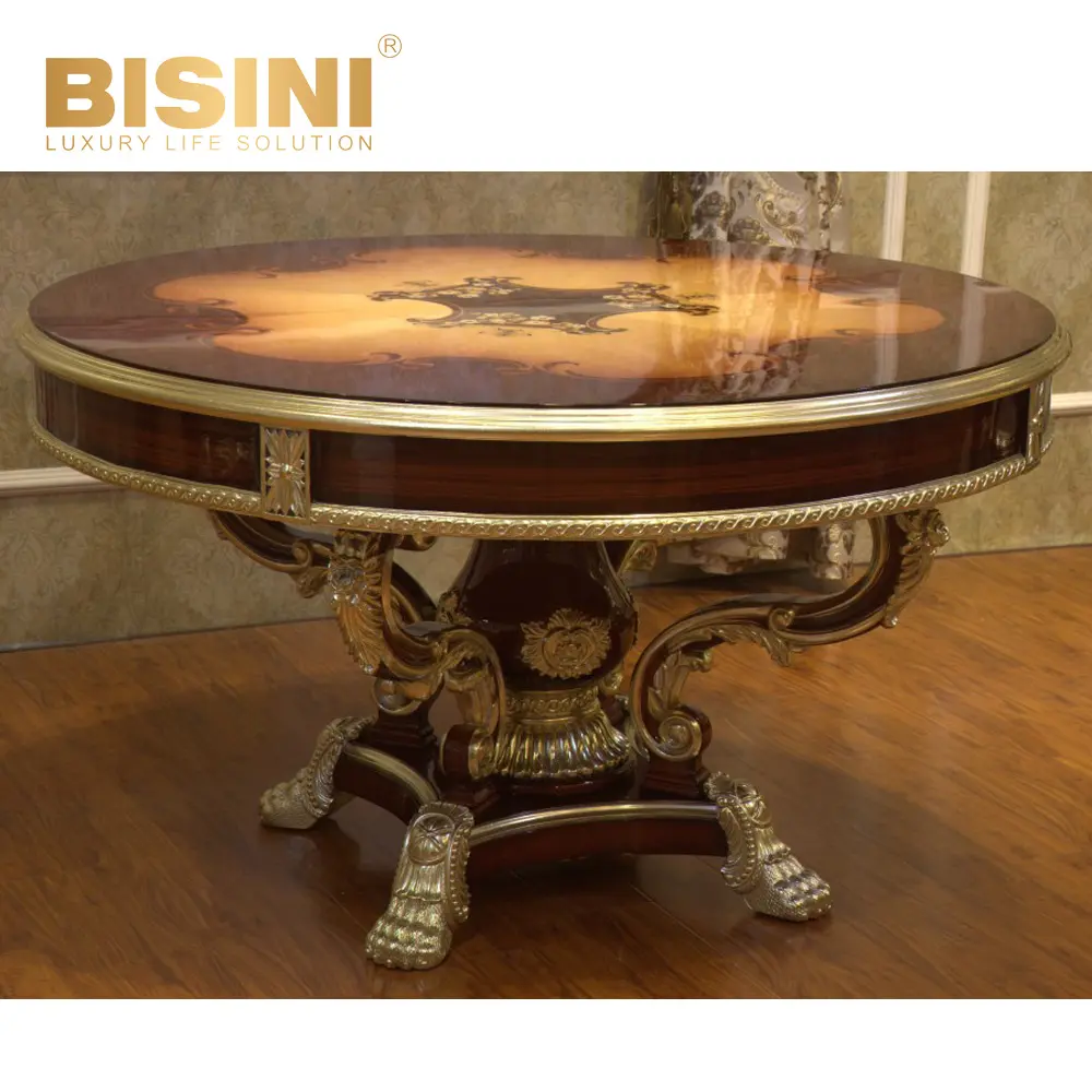 Classic Elegant French Highly Refined Tan Round Dining Table with Pedestal , Luxury French Baroque Style Round Dining Table