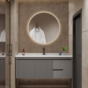 Modern Oak Lacquered Ceramic Integrated Basin Smart <b>Lighting</b> Mirror Wall-Mounted Bathroom <b>Vanity</b> - Product Image 1