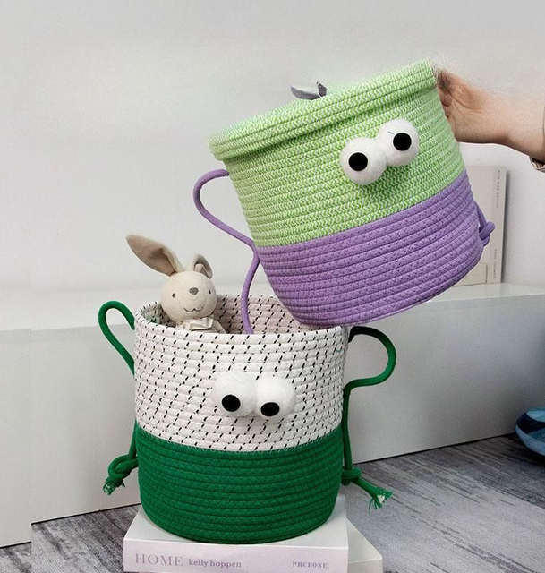 Easter Cartoon Cotton Rope Storage Basket Modern Style Big Eye Monster Lid Woven Snack & Laundry Home Organizer Foldable Design