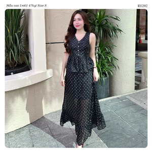 Women’s Polka Dot Chiffon Two Piece Set V Neck Peplum <b>Top</b> <b>Flowy</b> Maxi Skirt Co Ord Set OEM ODM Wholesale Vietnam Manufacturer - Product Image 5