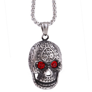 Collar con Colgante de Calavera, Color Acero, Ojos Rojos, Engaste con Bisel, Colgantes Temáticos, Estilo Horror de Halloween, Cadena de 60cm - Product Image 5