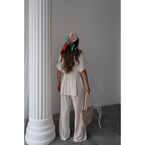 Conjunto de Camisa y Pantalones de Lino con Cintura Ajustable con Cordón para Mujer, Talla S - Product Image 1