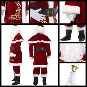 12-teiliges Herren-Weihnachtskostüm Herren-Weihnachtsmann Kostüm Weihnachtsanzug Hut Schal-Top Hosen Gürtel Stiefel Mittlerer Bart Perücke-Set