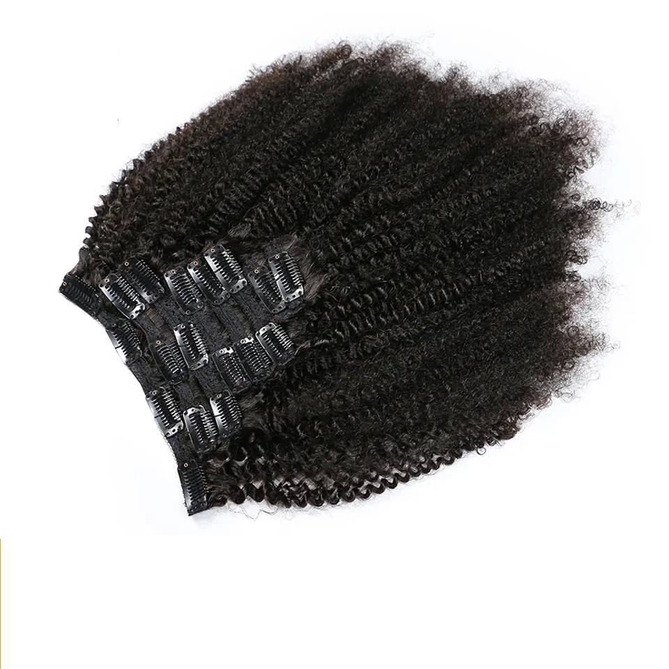 Moğol Afro Kinky kıvırcık örgü Remy saç tokası çin'de insan saçı postiş doğal renk tam kafa 8 adet/takım