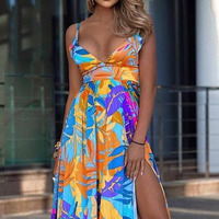 Robe d'été pour femmes, nouvelle collection 2022, vente en gros, imprimé numérique, col en V, sexy, bretelles spaghetti, sans bretelles, robe de plage mignonne pour l'extérieur