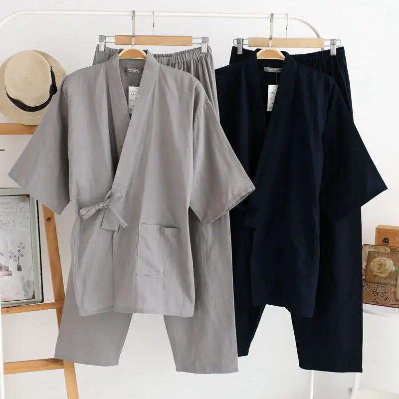 LYX028 Atacado primavera/outono quimono Japonês pijama dos homens calças de algodão puro sleepwear gaze dupla terno casa