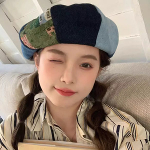 Color-blocked Korean Style Octagonal <b>Beret</b> For Women Summer Breathable Cotton Denim Patchwork Hat Female Large Head - Product Image 2