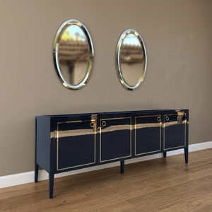 Modern Black Lacquered Sideboard Cabinet with Gold Trim and Oval <b>Wall</b> <b>Mirrors</b> <b>Set</b> for Bathroom or Living Space - Product Image 1