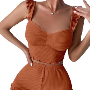 Pijama de mujer con top halter de manga corta y pantalón corto, estilo europeo y americano, con diseño de rayas. - Product Image 5