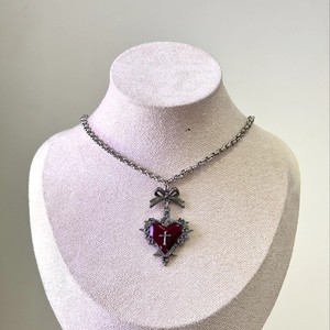 Collier en métal style gothique punk sombre avec pendentif cœur, nœud et croix, en acier titane, chaîne en O, style rétro, tendance - Product Image 3