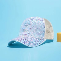 Gorra de béisbol estilo coreano con malla de diamantes de imitación, transpirable, protección solar, gorra de camionero brillante de verano para mujer